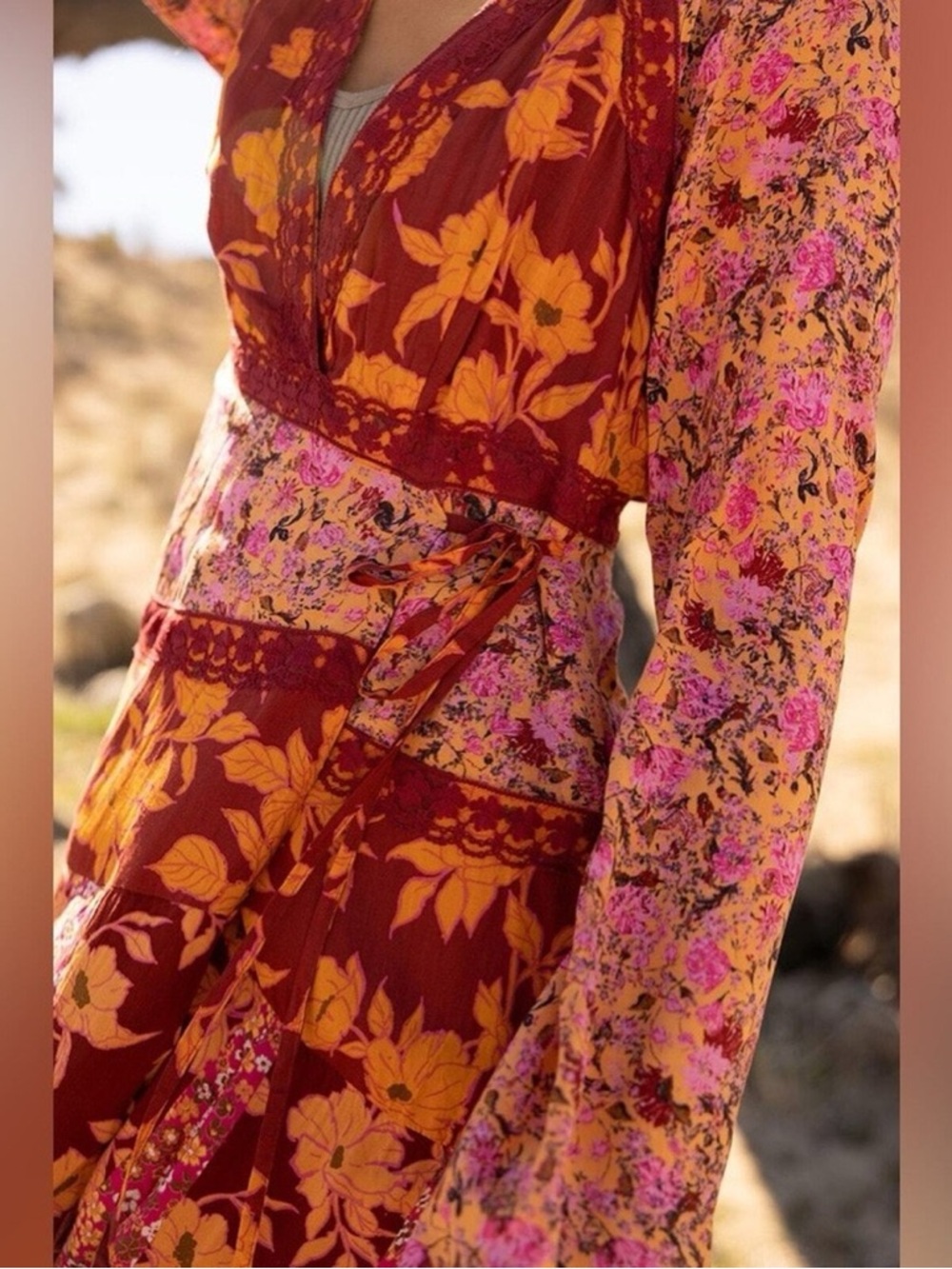 Free People Tilda Wrap Floral V-Neck Maxi Dress in Red and Pink - Picture 2 of 8